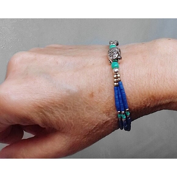 Tibetan Turquoise & Lapis Bracelet w/Buddha Head Sz 7" - Picture 9 of 10